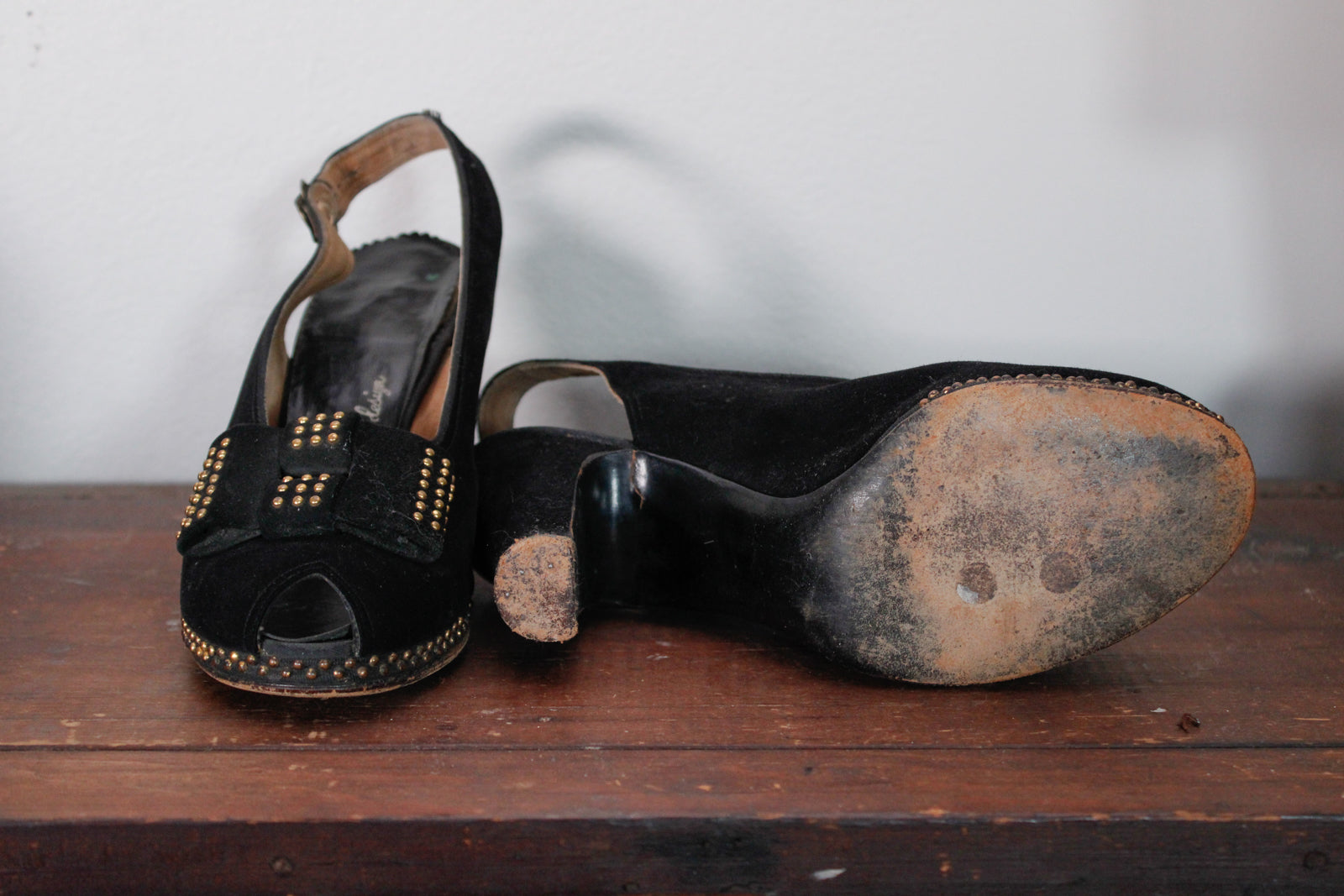 1940s Studded Joseph Brushed Leather Platform Heels - 6.5/7
