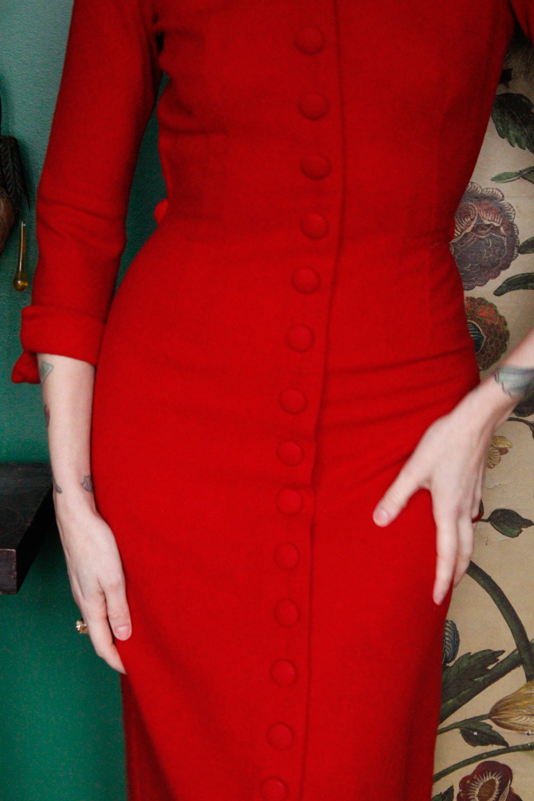 1950s Red Vixen Wool Sheath Dress 