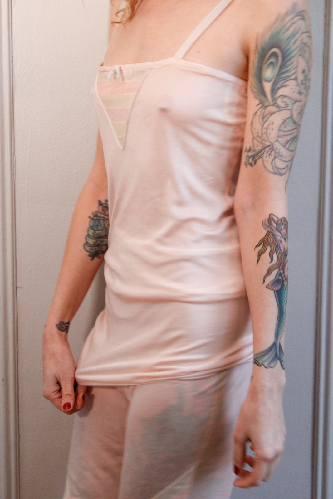 1930s Lingerie Set Jersey Pink Knit with striped detail Tank & Shorts - M/L