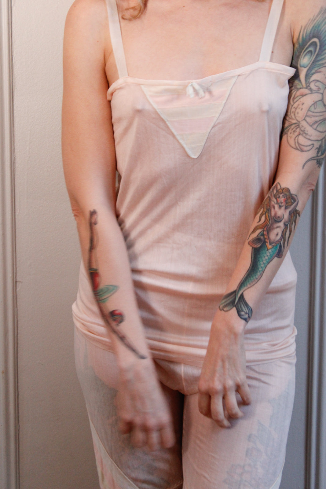 1930s Lingerie Set Jersey Pink Knit with striped detail Tank & Shorts - M/L