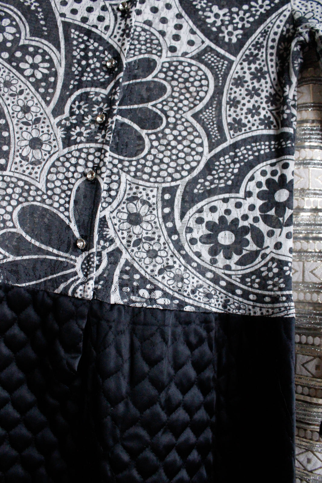 1960s Silver Paisley & Black Satin Mini Dress - Medium