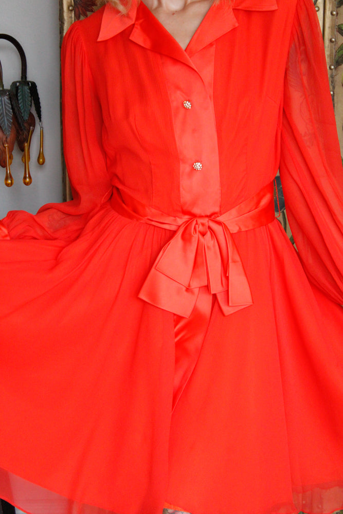 1960s Chiffon Elinor Gay Tangerine Dress - Medium 