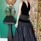 1930s Black Velvet Halter & Taffeta Gown with 3D Pink Floral Detail - XS