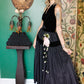 1930s Black Velvet Halter & Taffeta Gown with 3D Pink Floral Detail - XS
