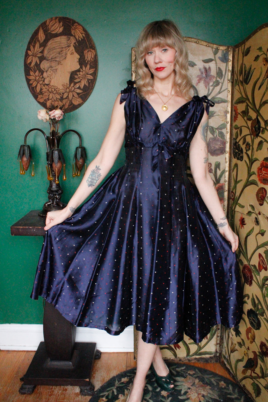 1950s  Printed Sapphire Party Dress 