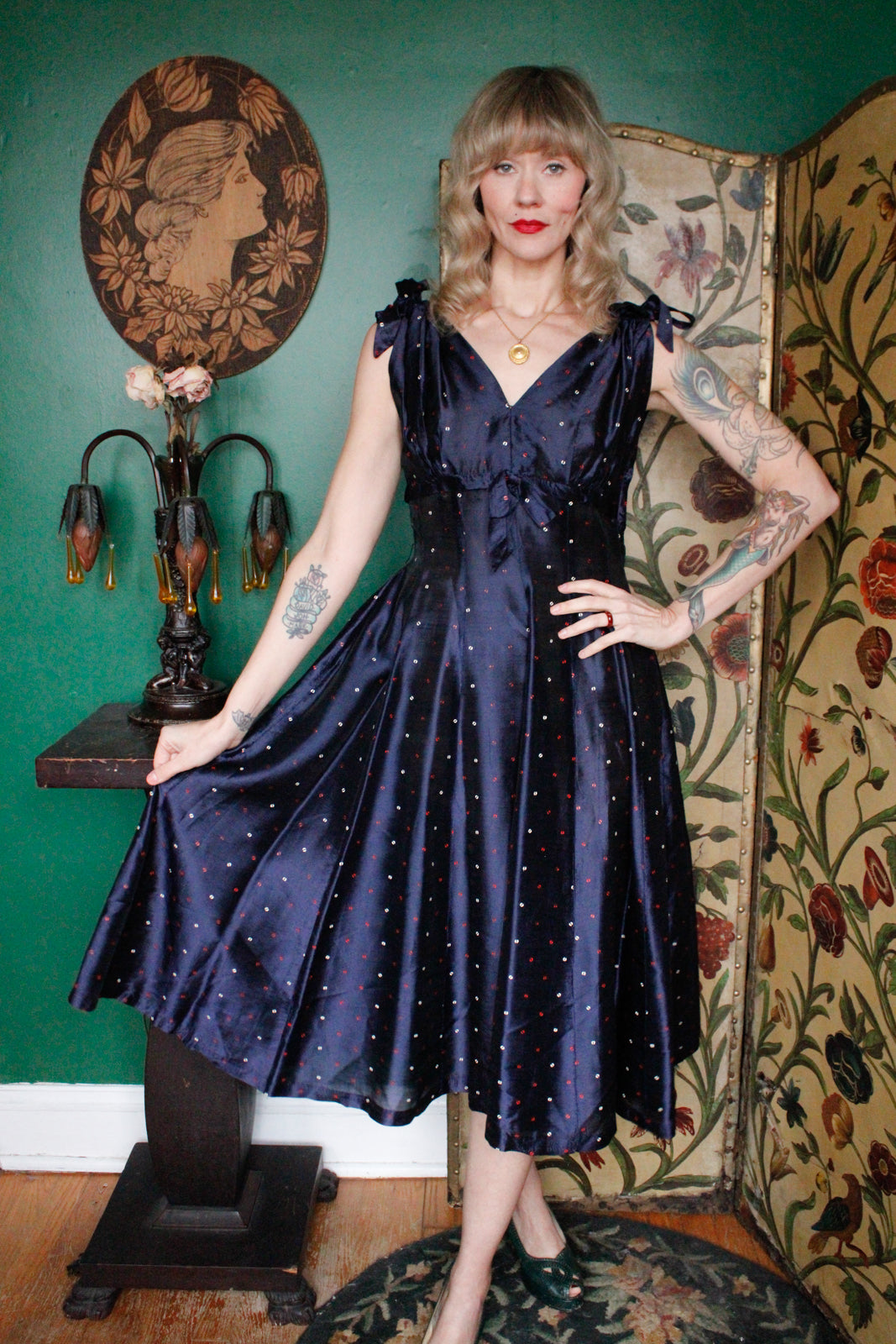 1950s  Printed Sapphire Party Dress 