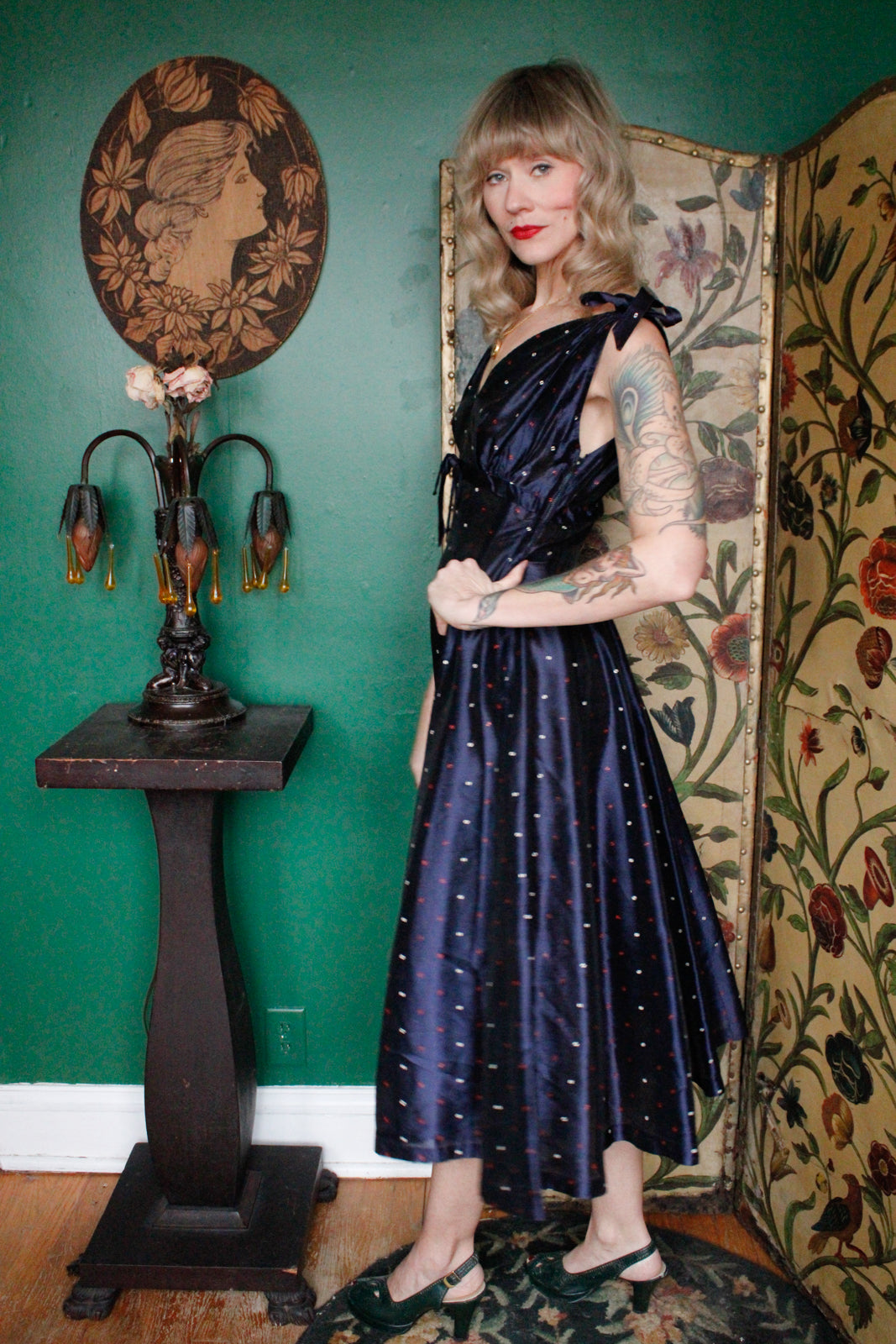 1950s  Printed Sapphire Party Dress 