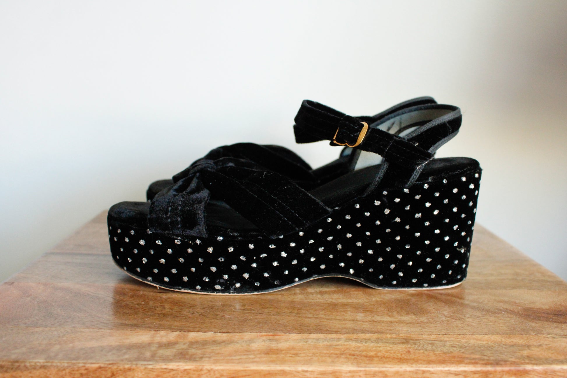 1970s Rhinestone & Velvet Disco Platform Heels 