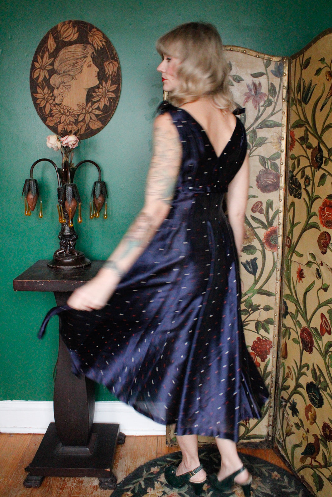 1950s  Printed Sapphire Party Dress 