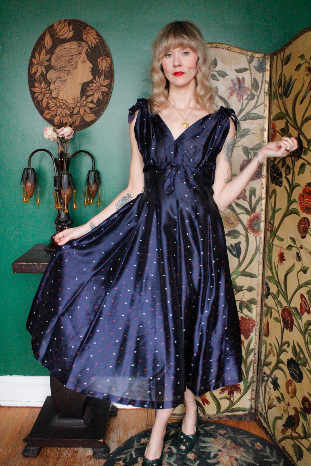 1950s  Printed Sapphire Party Dress 
