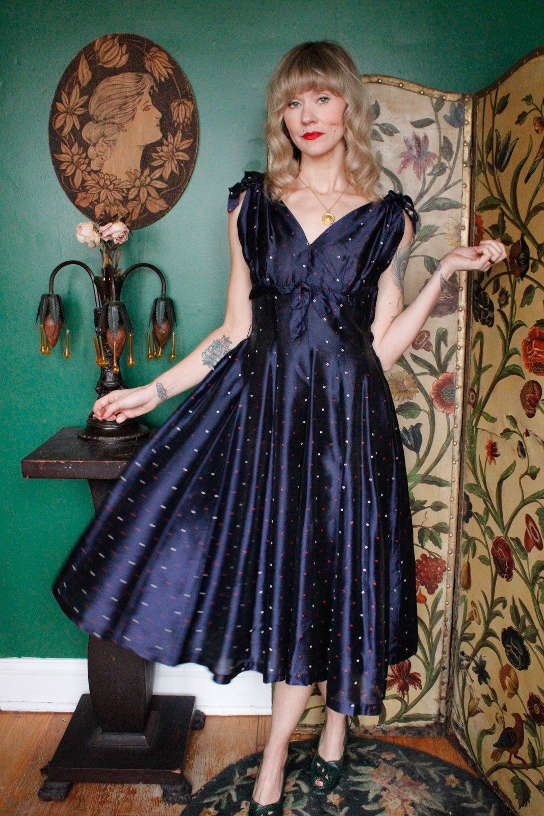 1950s  Printed Sapphire Party Dress 