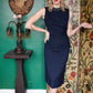 1950s Navy Sexy Wiggle Dress with Rhinestone Collar
