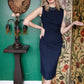 1950s Navy Sexy Wiggle Dress with Rhinestone Collar
