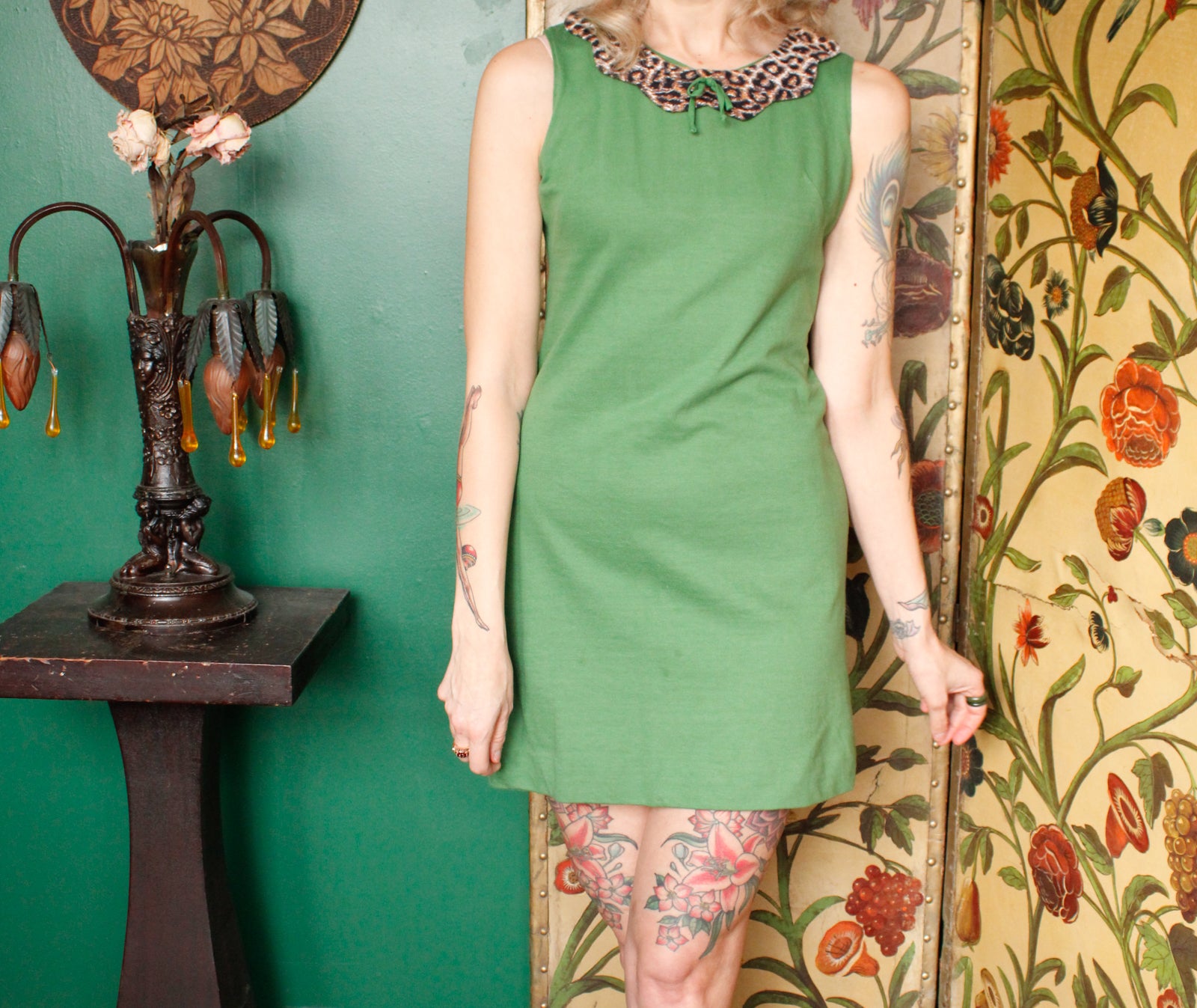 1960s Green Cotton Mini Dress with Cheetah Collar - Small