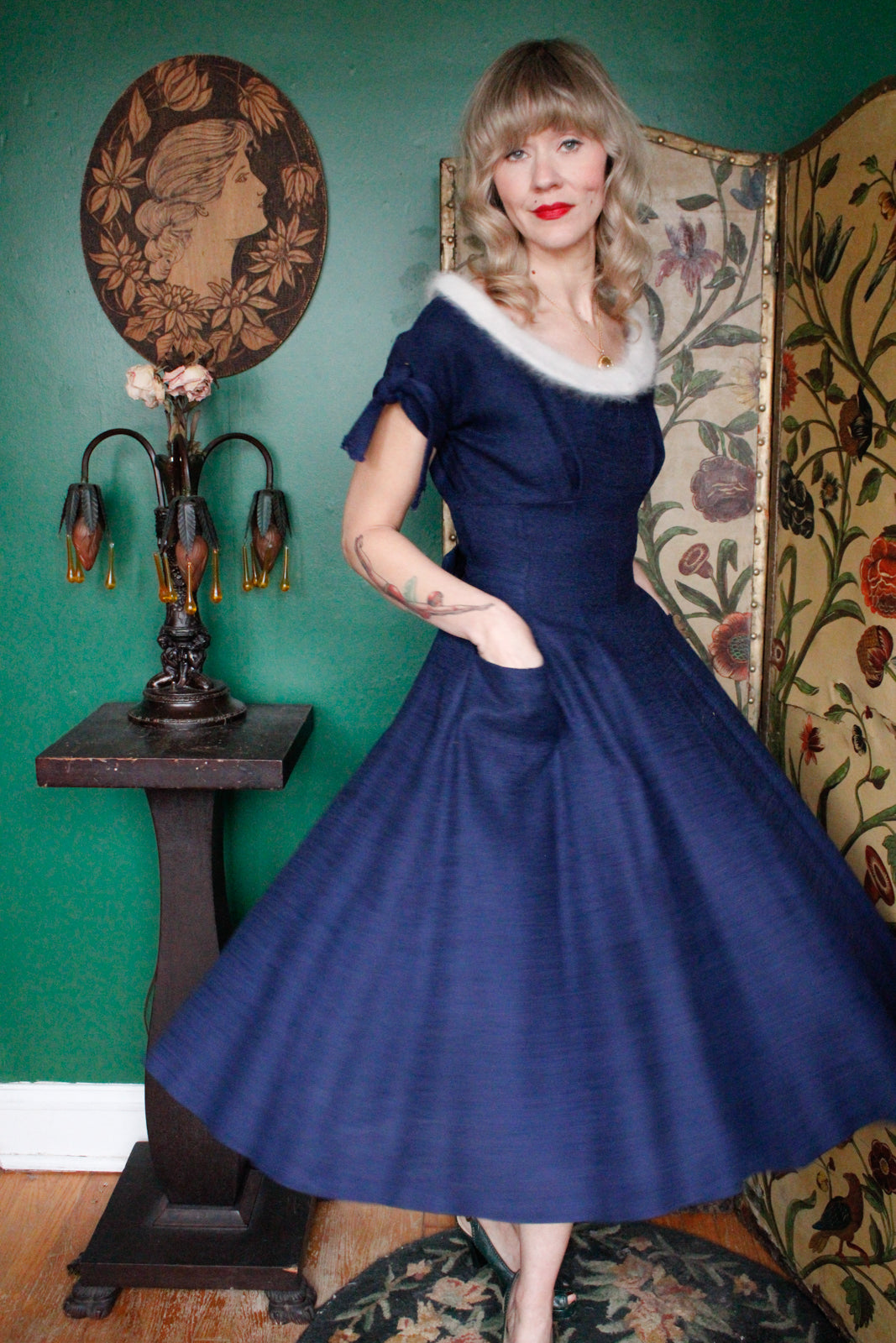 1950s Sapphire Blue Swing Dress with Mohair
