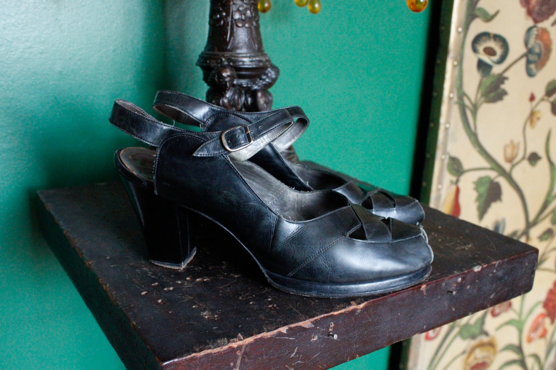1940s Black Leather open Toe Heels 