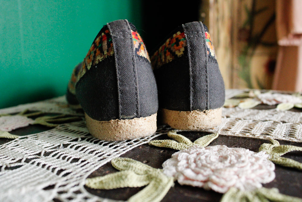 1950s Black Canvas Bright Woven Slip On Shoes