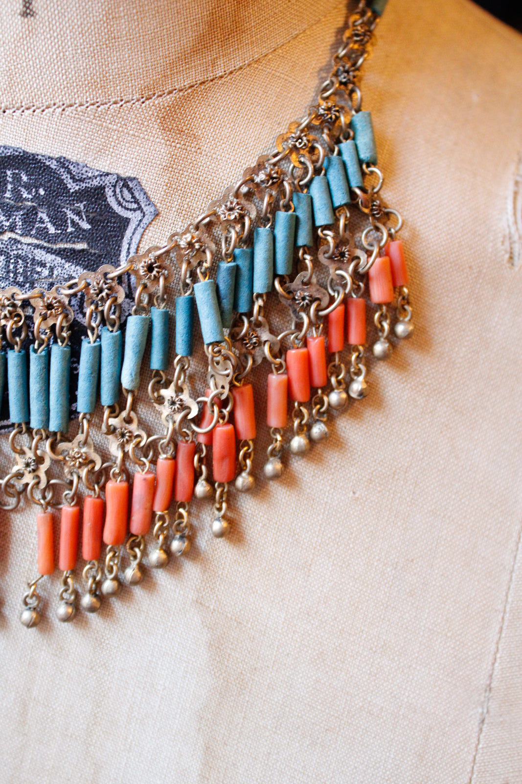 1930s Egyptian Revival Faience Beaded Necklace Coral & Blue brass filigree Art Deco
