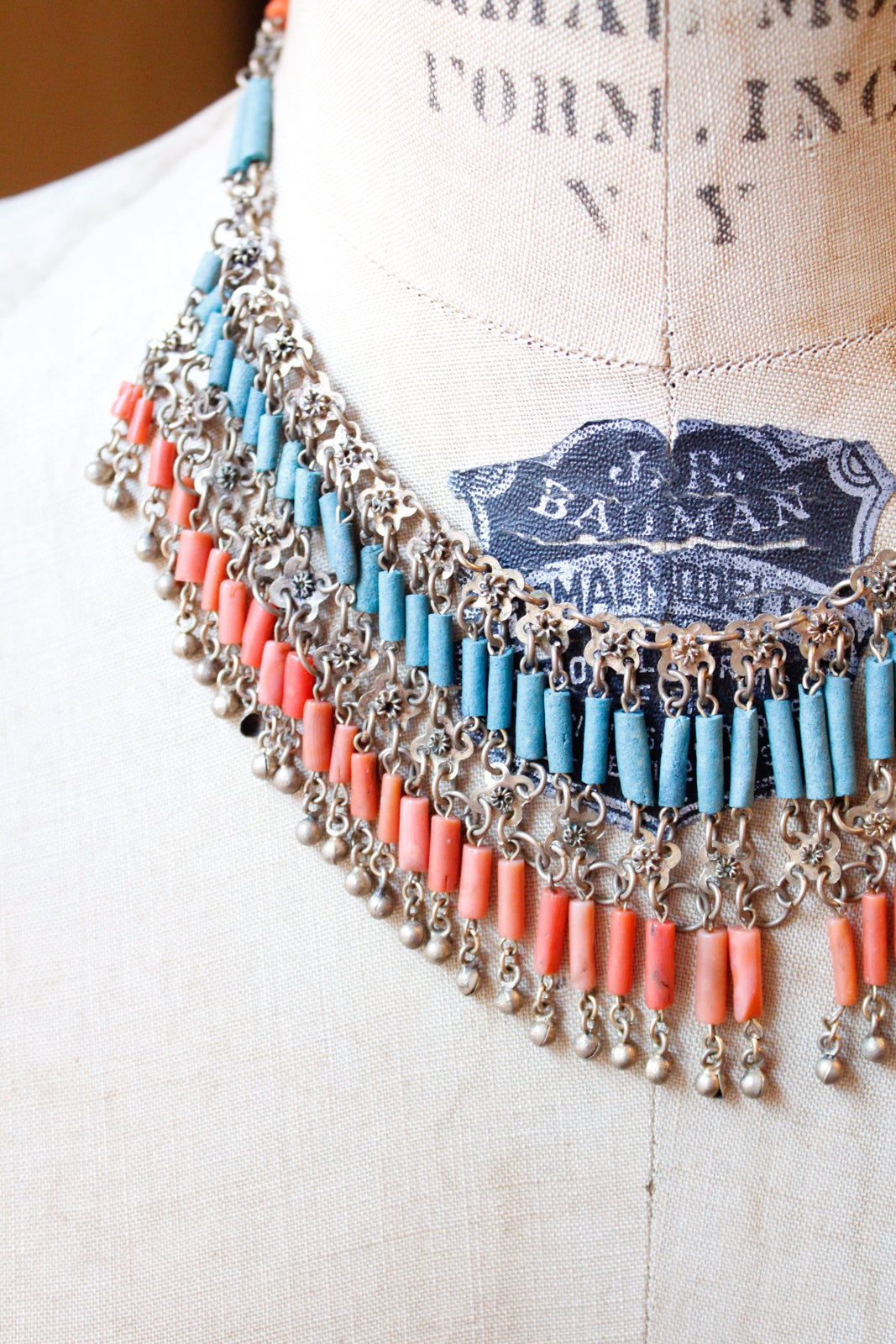 1930s Egyptian Revival Faience Beaded Necklace Coral & Blue brass filigree Art Deco