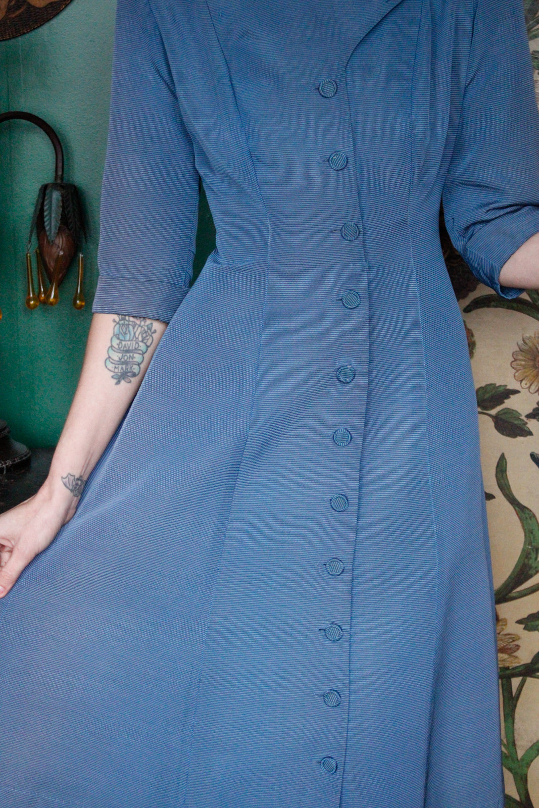 1950s Dior Style Georgiana Blue Silk Dress