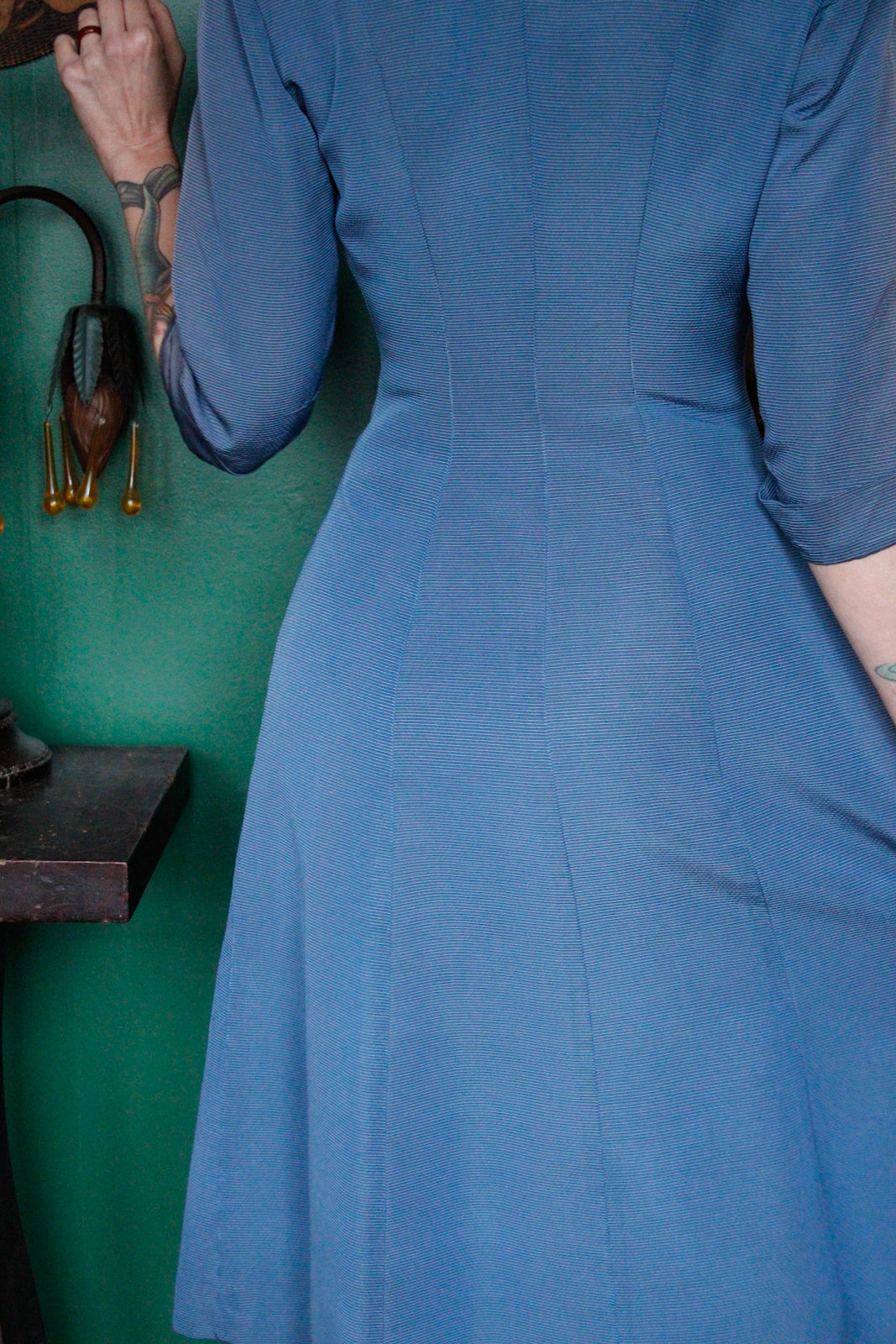 1950s Dior Style Georgiana Blue Silk Dress
