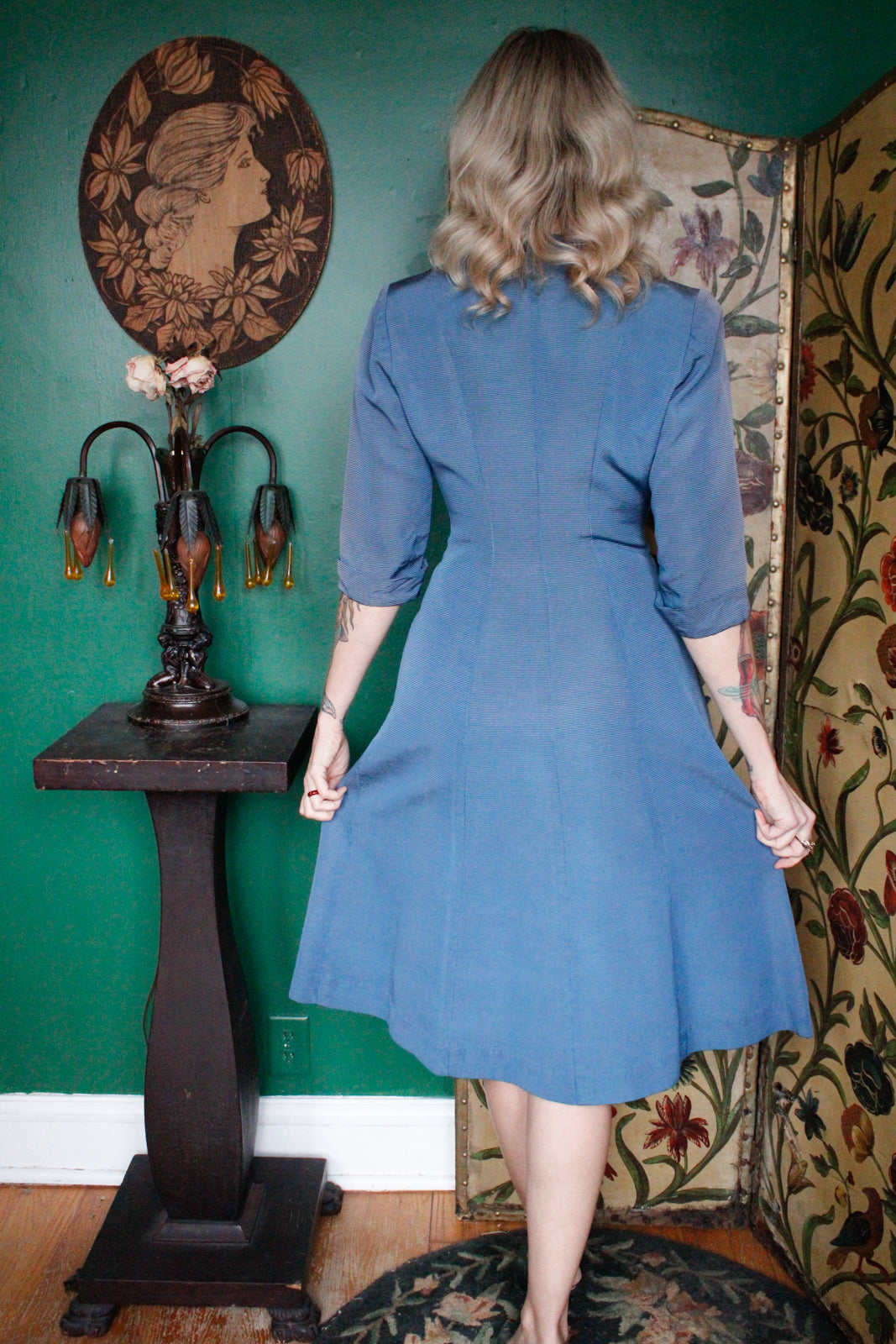 1950s Dior Style Georgiana Blue Silk Dress