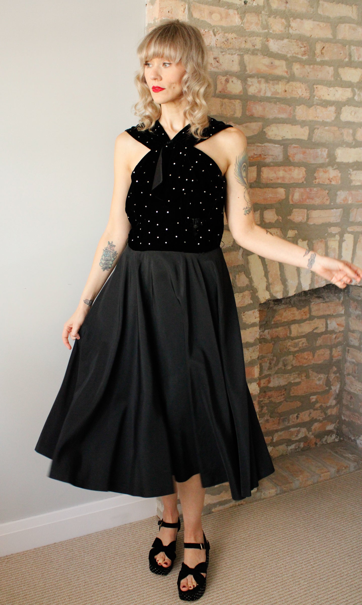 1940s Velvet & Rhinestone Party Dress - Medium