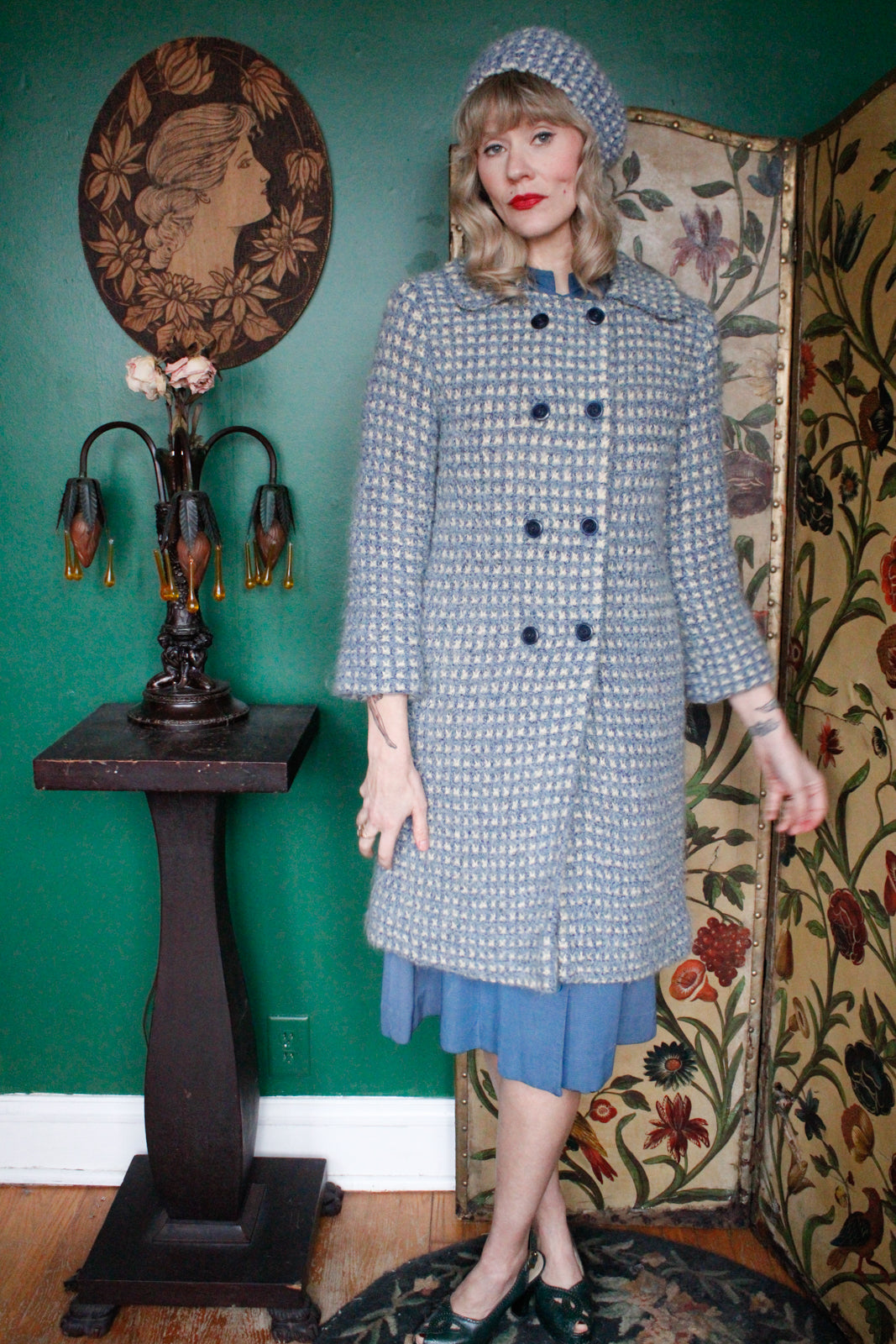 1950s Hand Knit Wool Sweater Coat & Matching Hat 