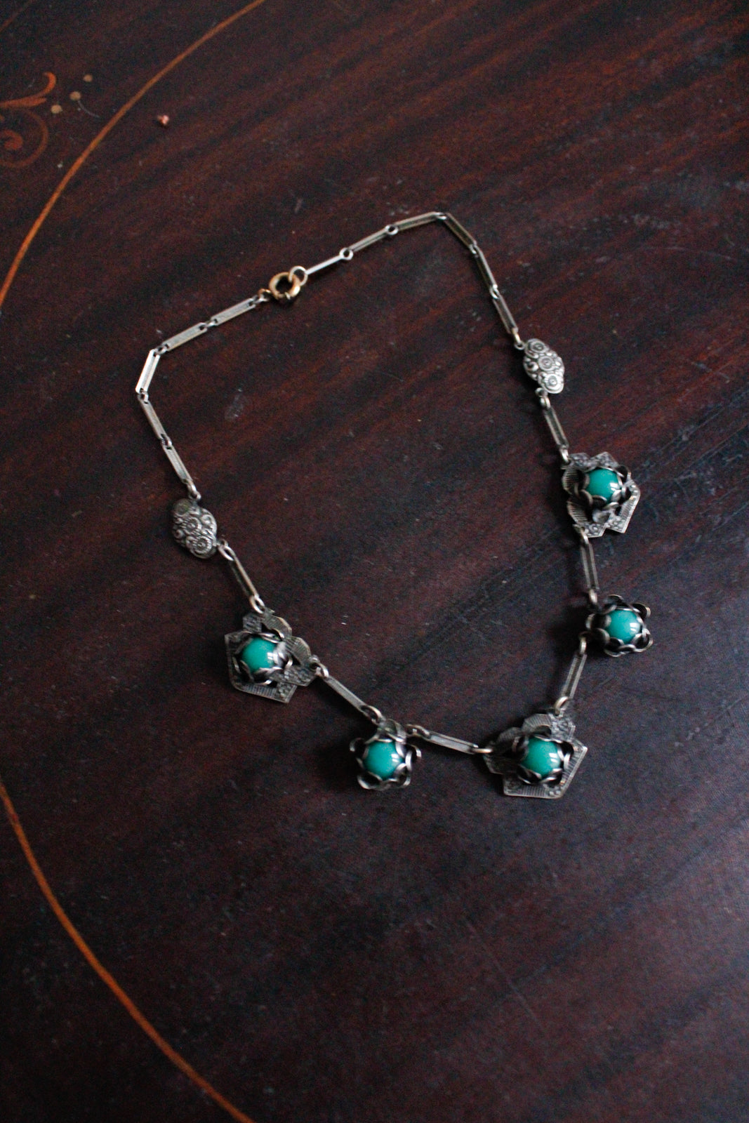 1940s Sterling Silver Green Gem Necklace