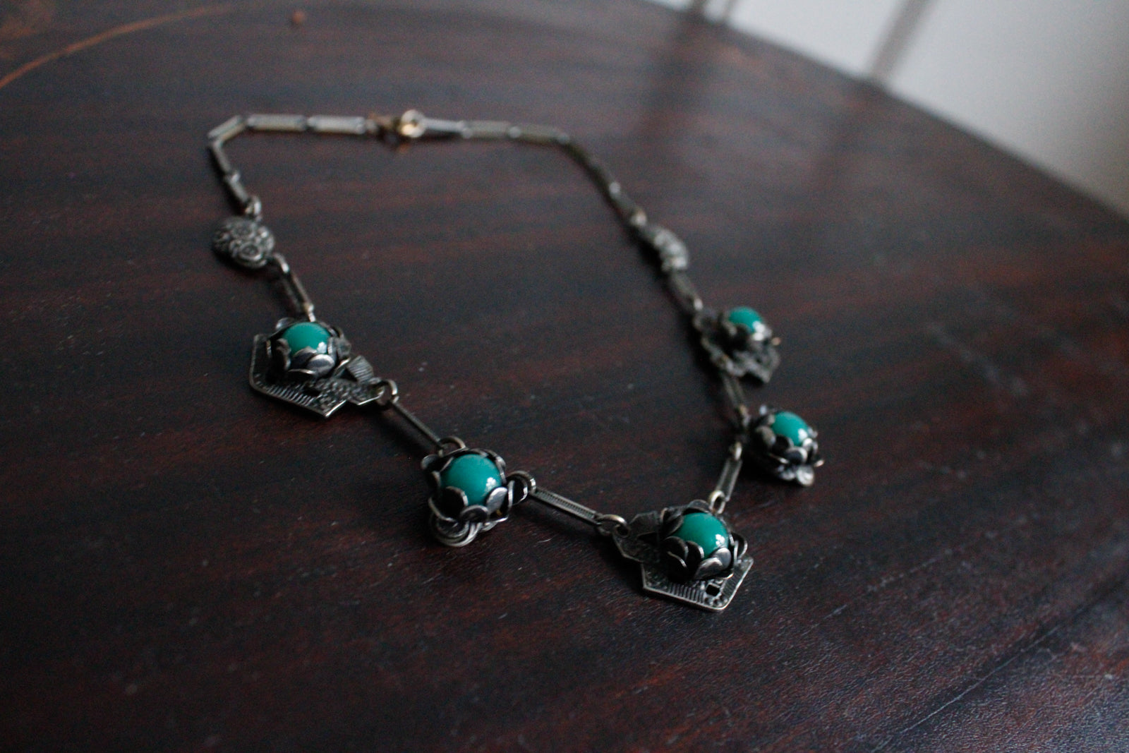 1940s Sterling Silver Green Gem Necklace