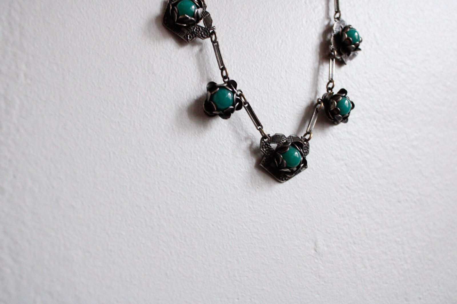 1940s Sterling Silver Green Gem Necklace