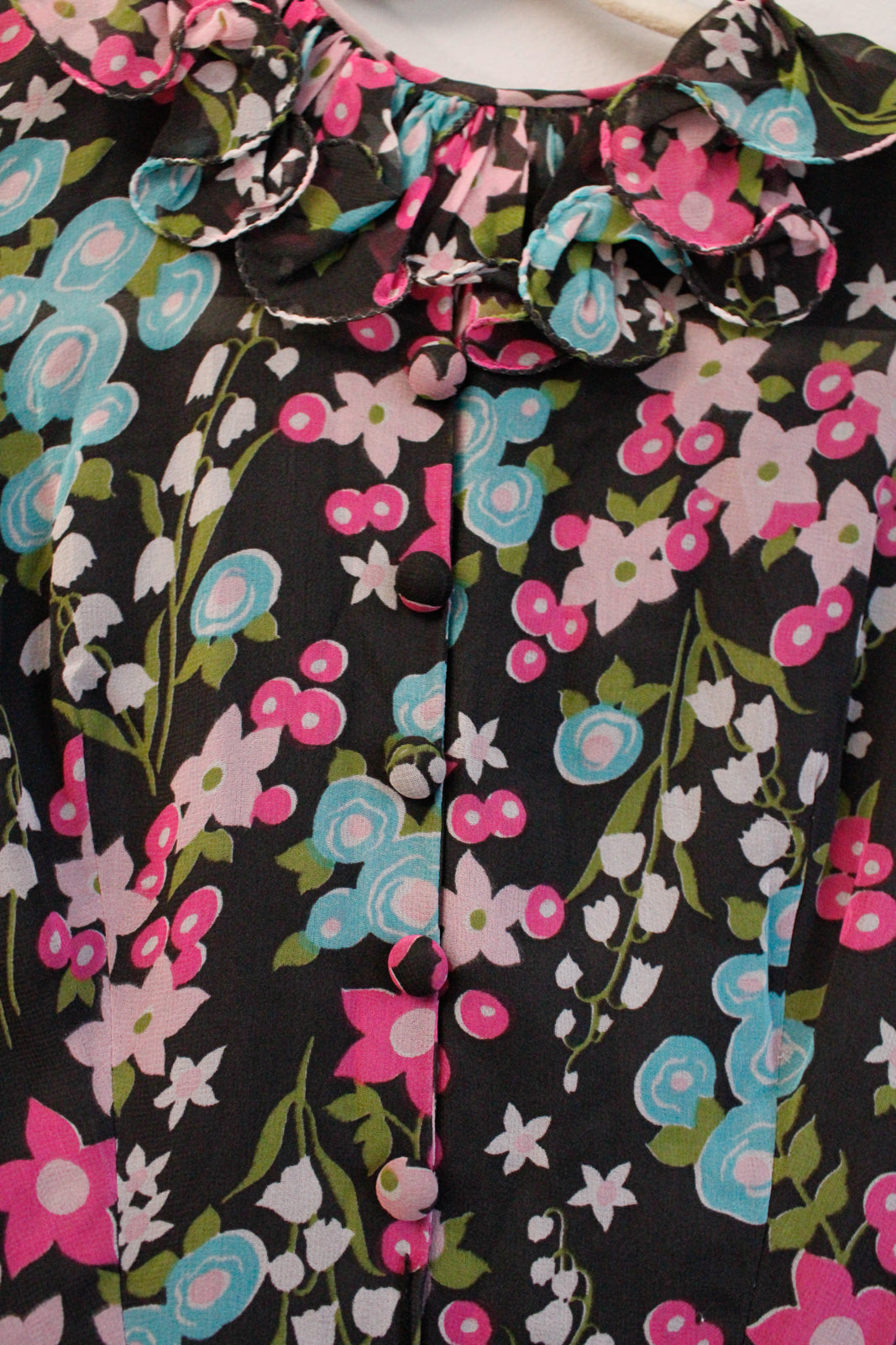1960s Floral Ruffle Mini Dress - Small