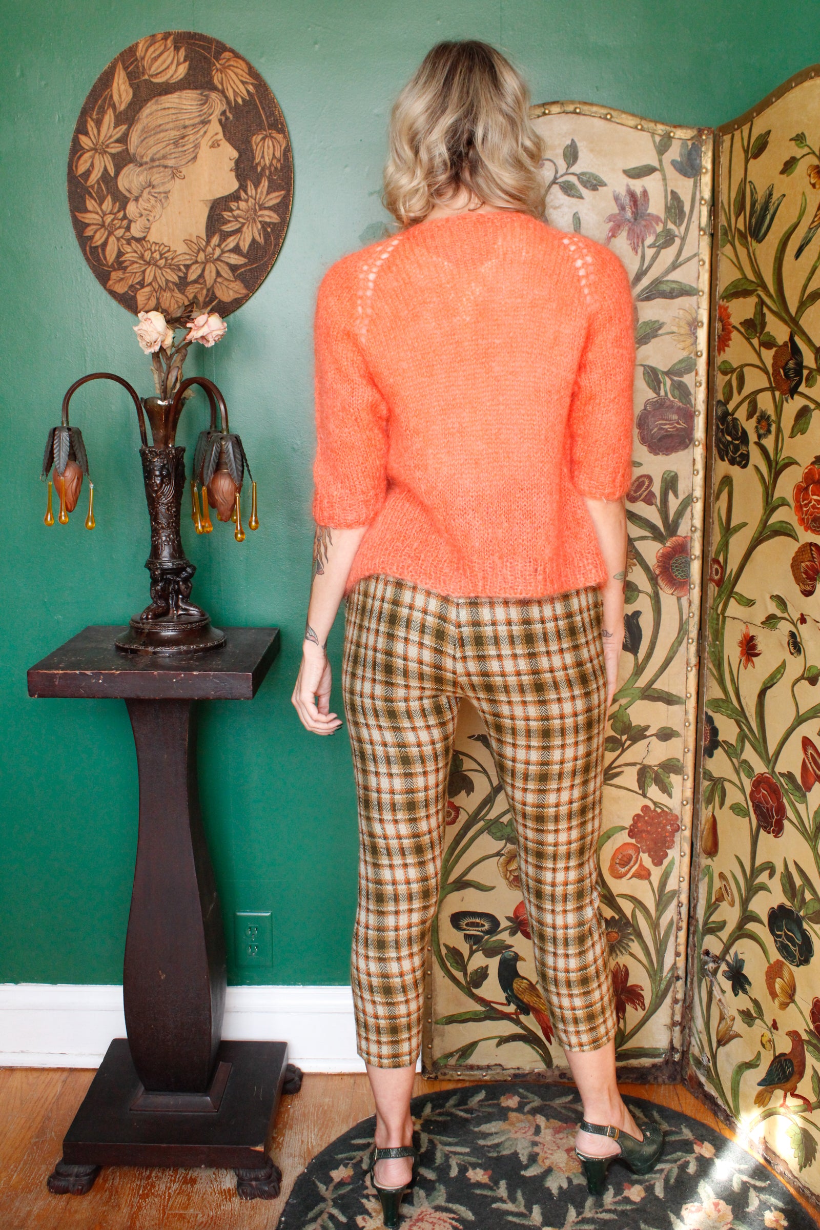 1960s Bright Coral Mohair Hand Knit Cardigan Sweater 