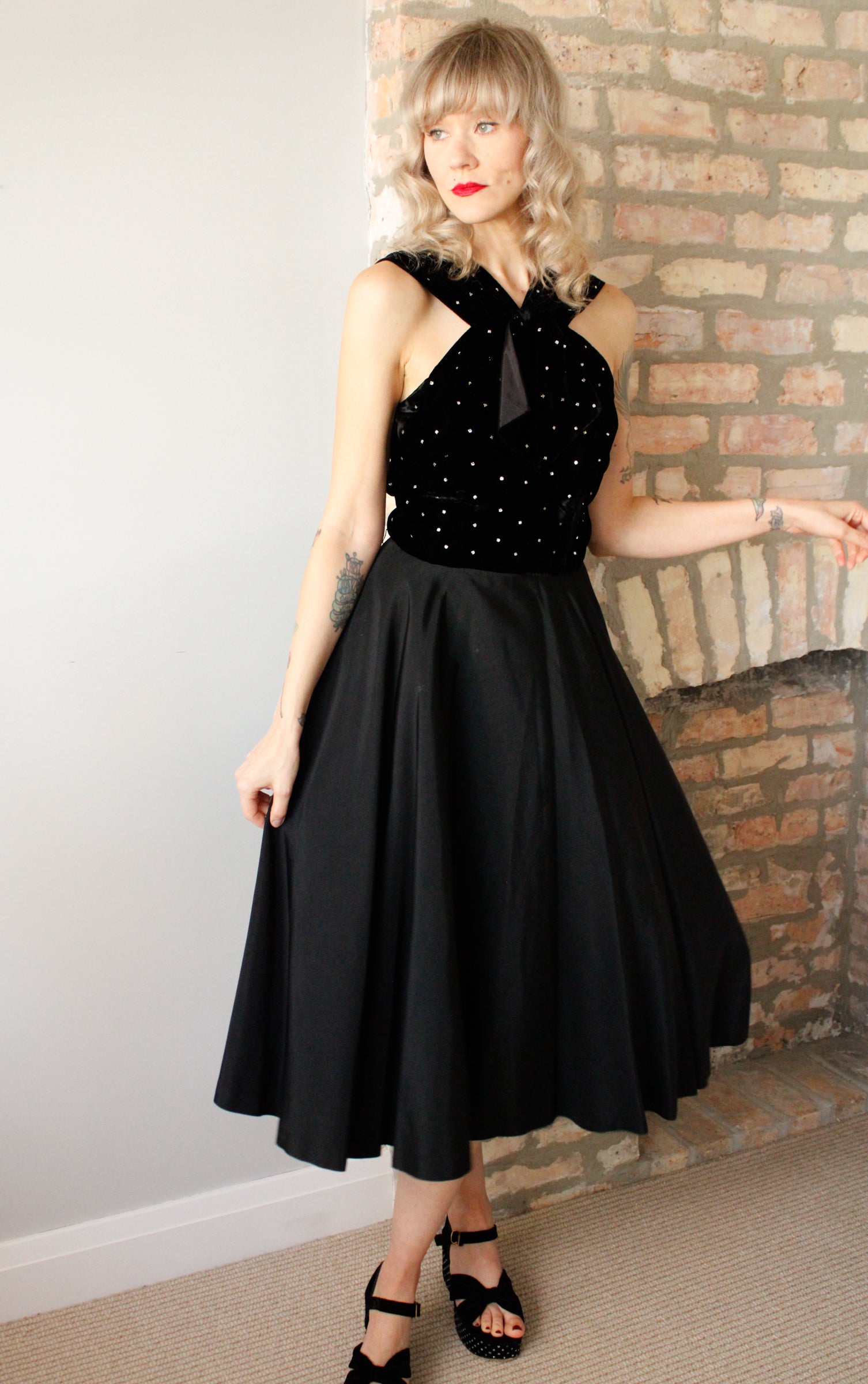 1940s Velvet & Rhinestone Party Dress - Medium