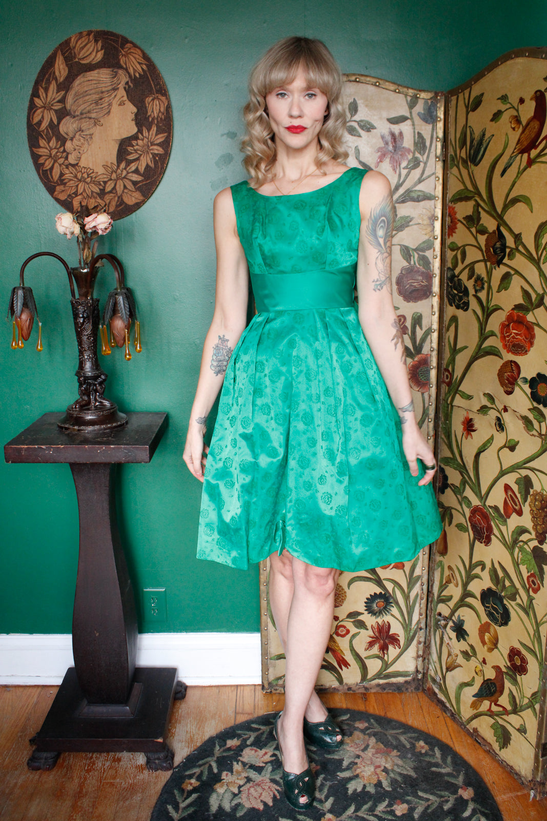 1950s Green Rose Flocked Taffeta Party Dress 