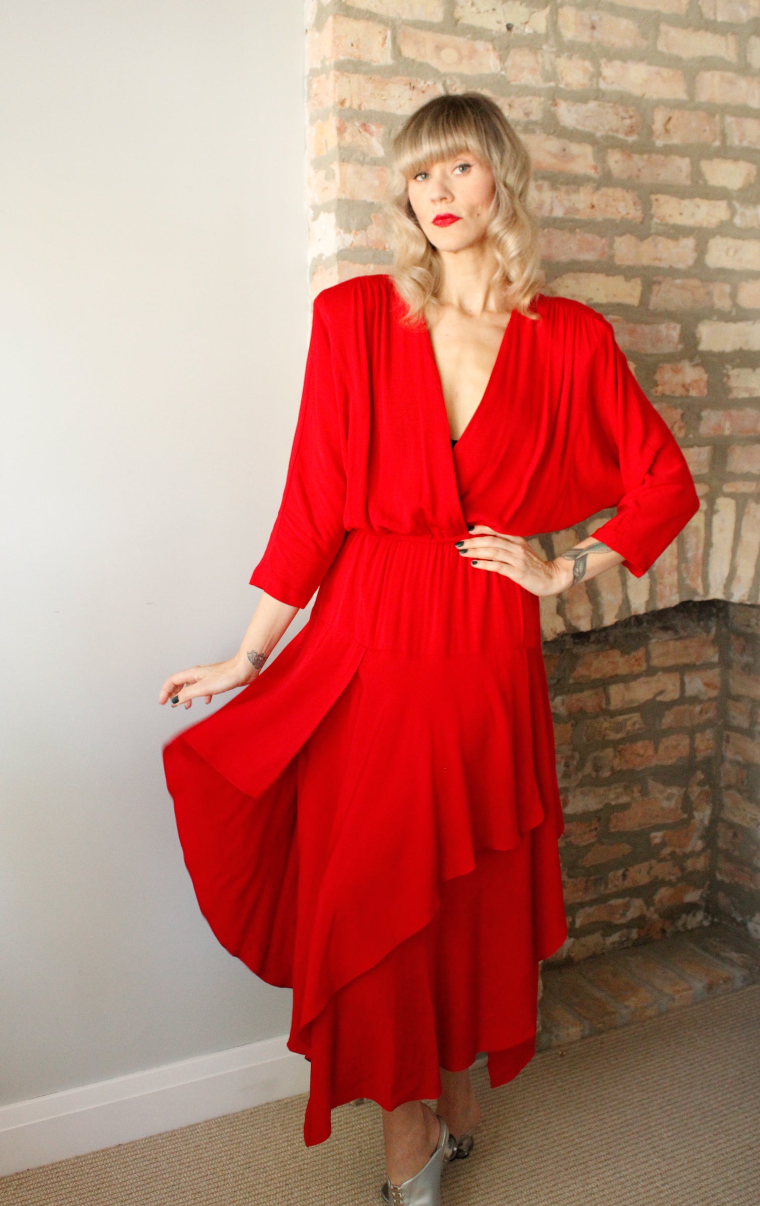 1980s Red Dolman Sleeve Rayon Tiered Dress