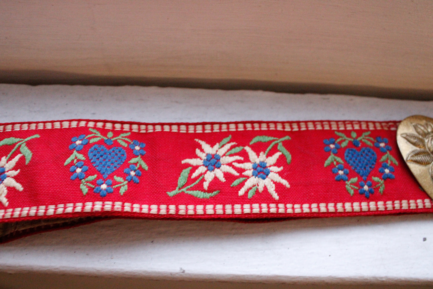 1930s Embroidered Folk Belt with Brass Heart Buckle