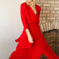 1980s Red Dolman Sleeve Tiered Rayon Dress