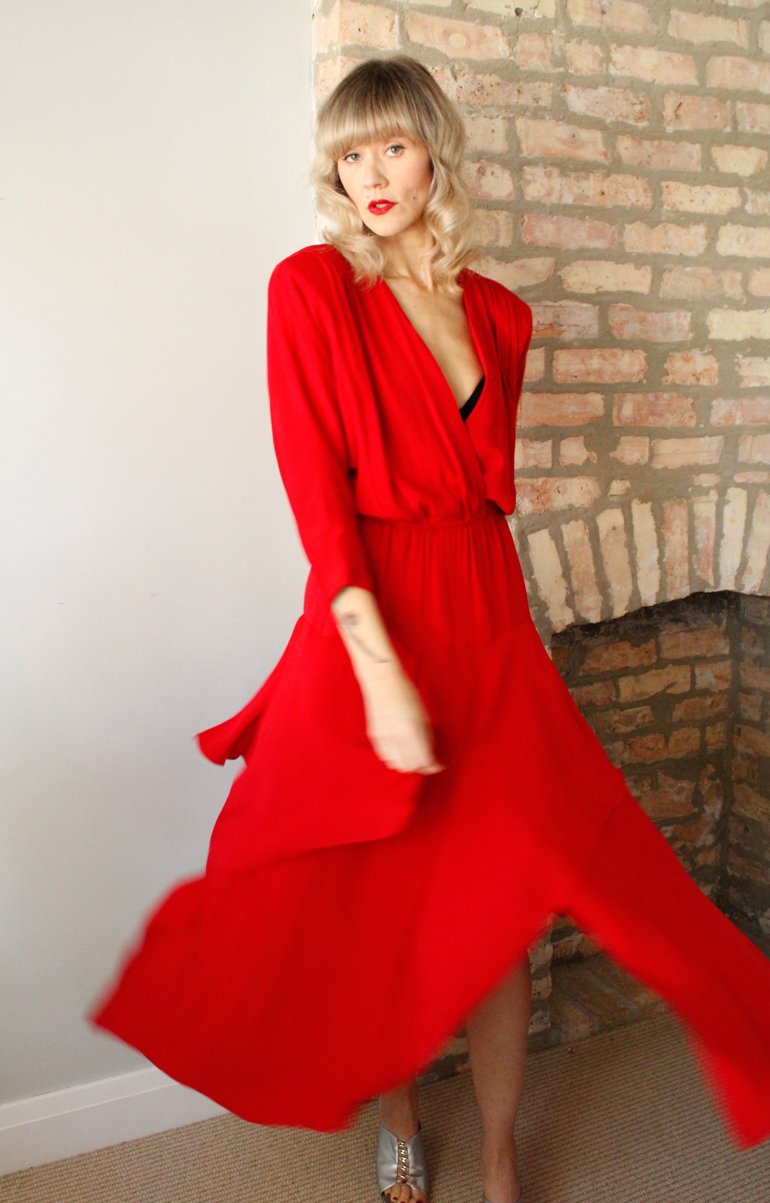 1980s Red Dolman Sleeve Tiered Rayon Dress