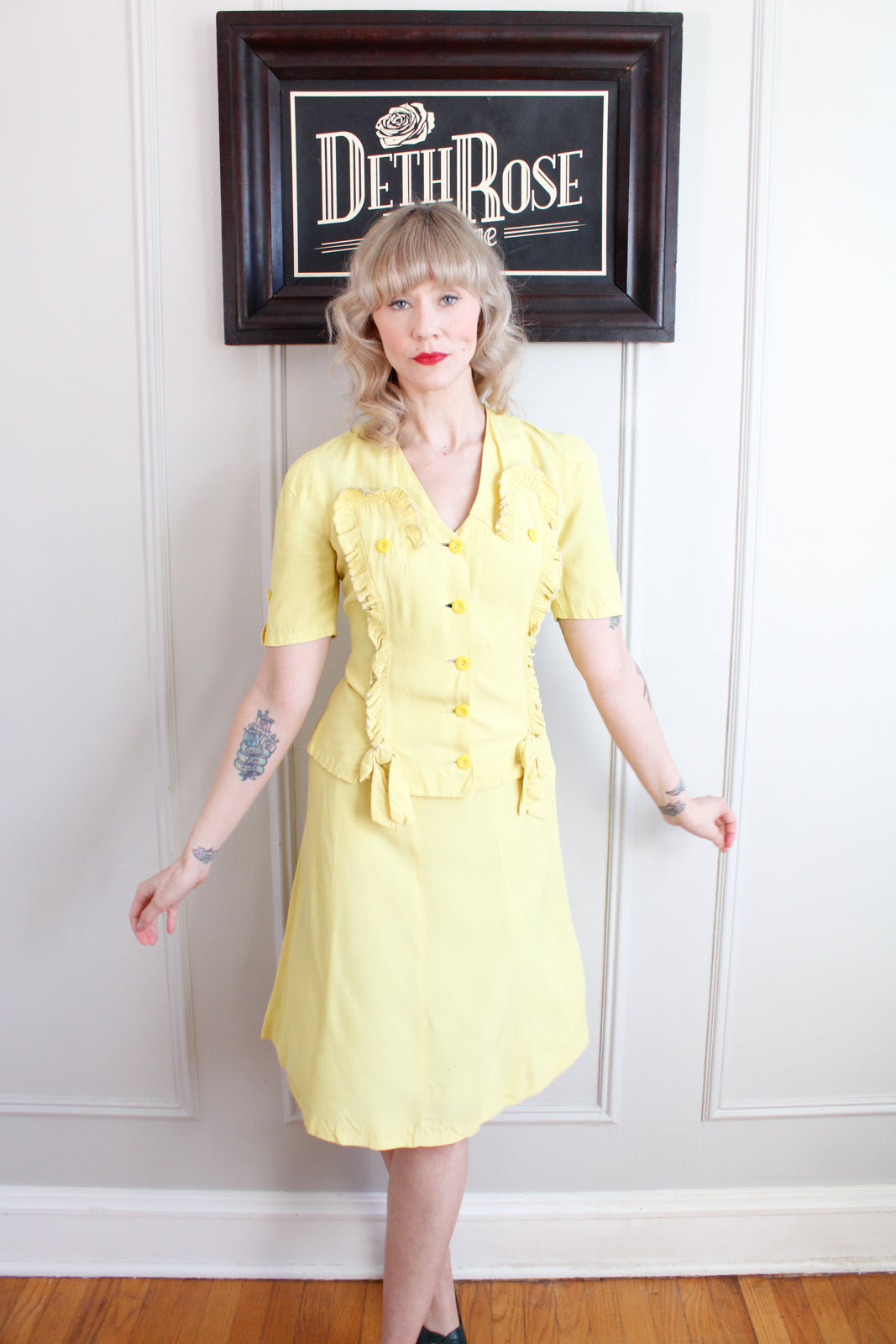 1930s Bright Yellow Rayon Spring Suit - Small