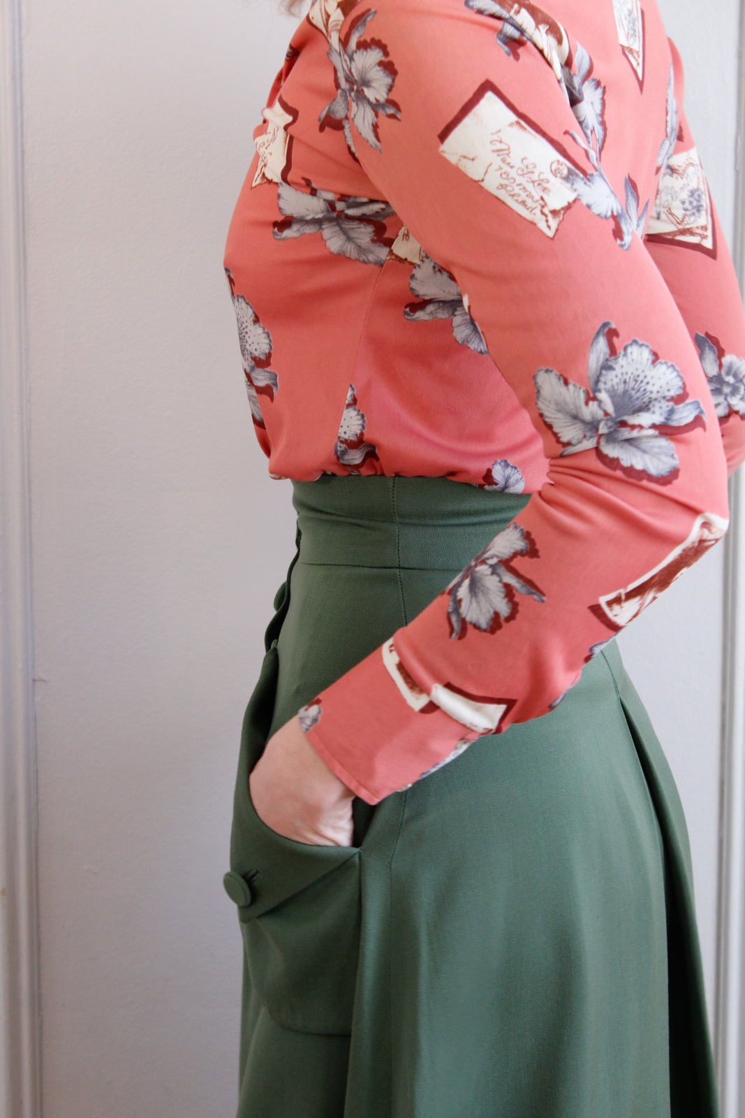 1940s Green Gabardine Wool Aline Skirt - Xsmall