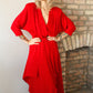 1980s Red Dolman Sleeve Rayon Tiered Dress
