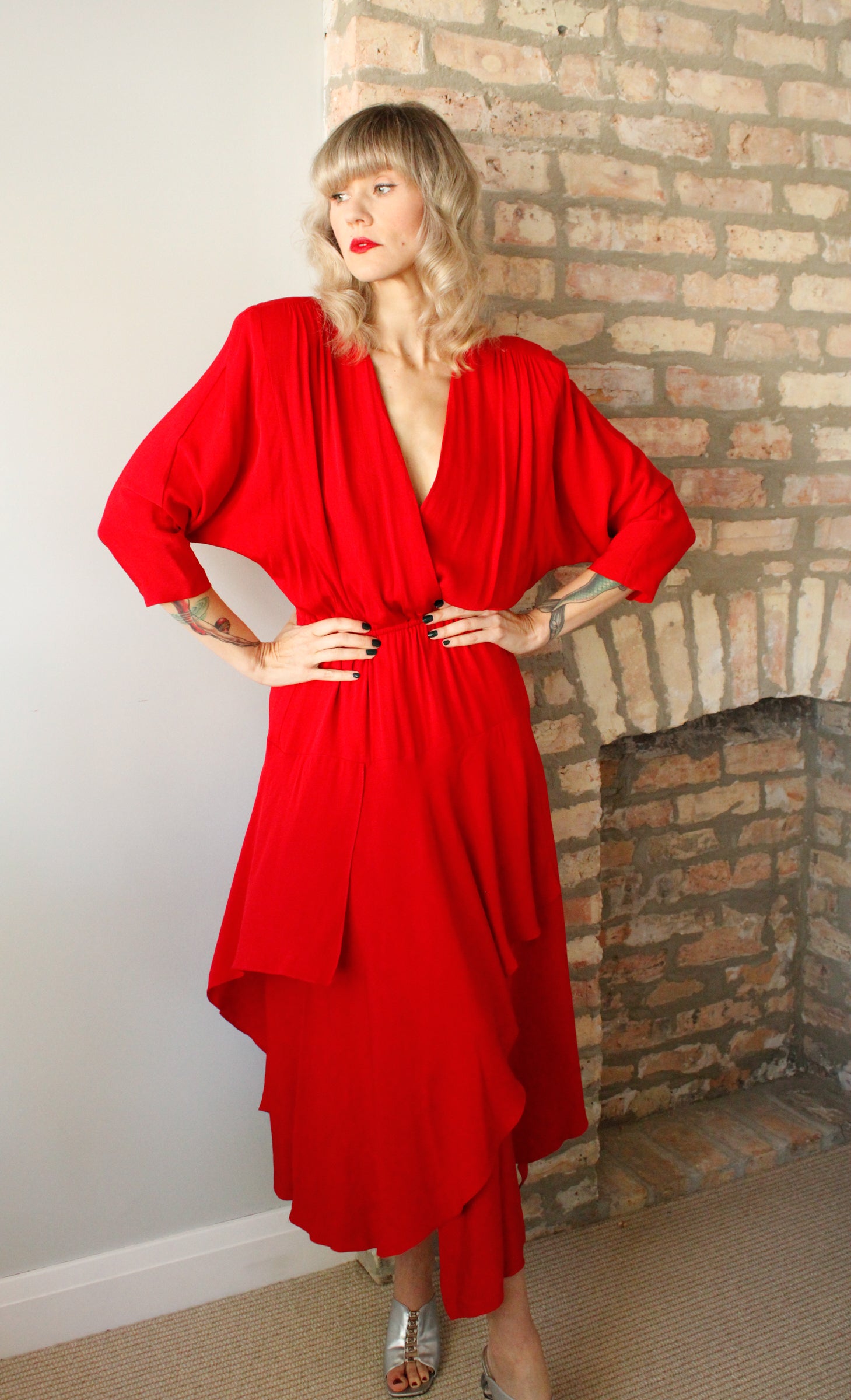 1980s Red Dolman Sleeve Rayon Tiered Dress