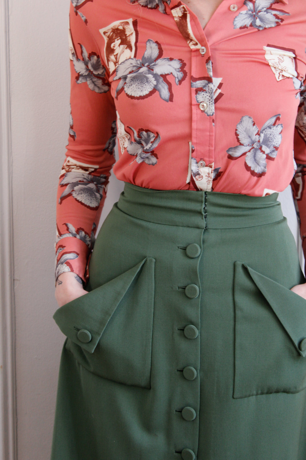 1940s Green Gabardine Wool Aline Skirt - Xsmall