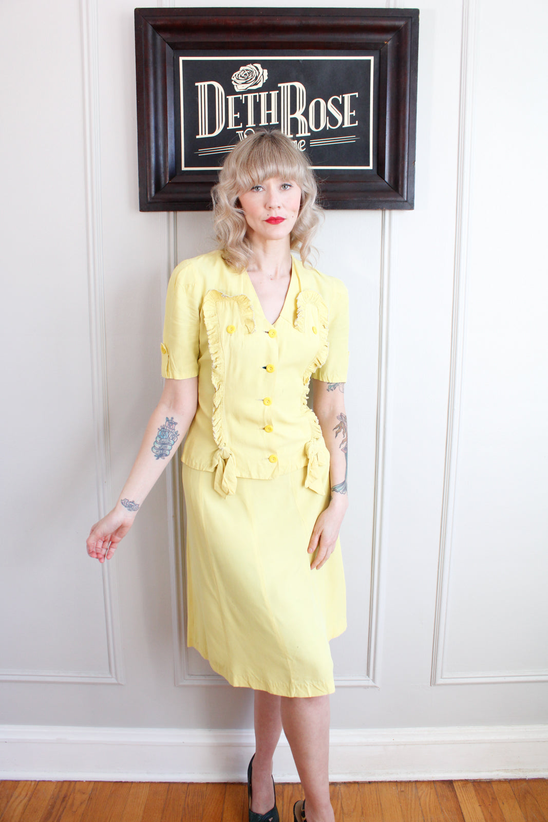 1930s Bright Yellow Rayon Spring Suit - Small