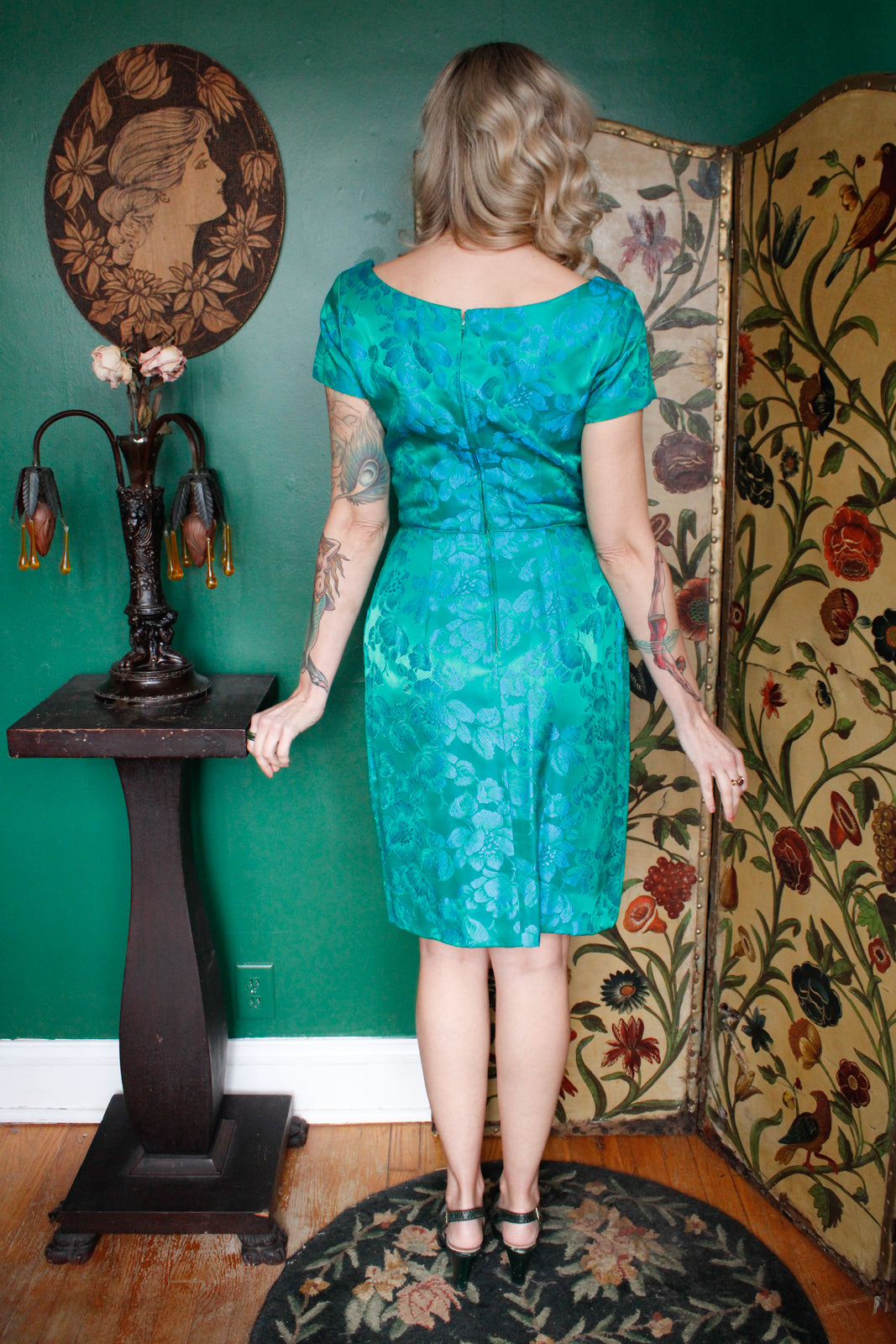 1960s Blue Rose Emerald Satin Sheath Dress