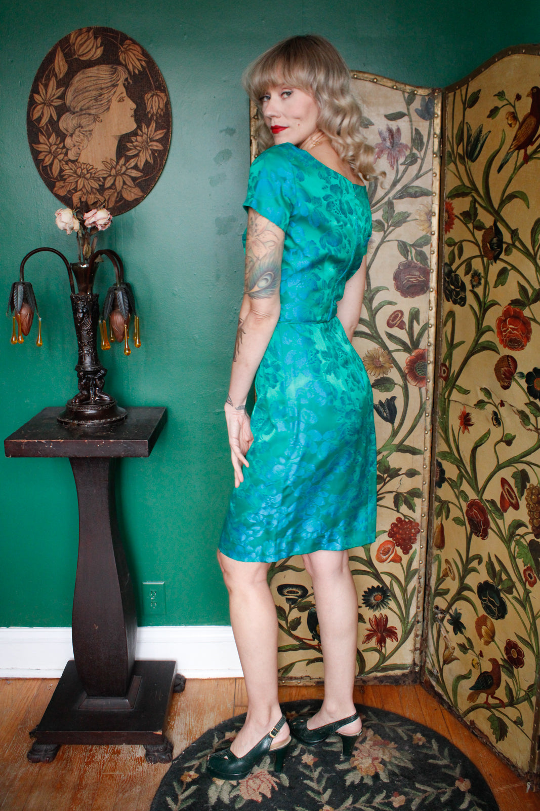 1960s Blue Rose Emerald Satin Sheath Dress