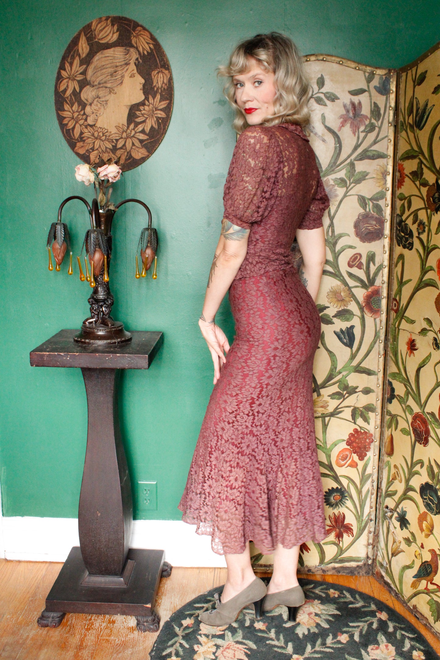 1930s Plum Floral Lace Gown and Jacket - Xs
