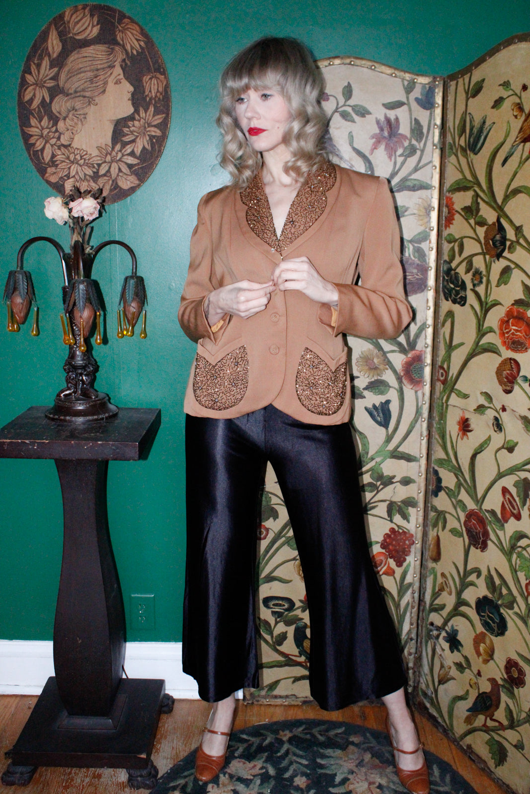 1940s Caramel Beaded Gabardine Jacket 