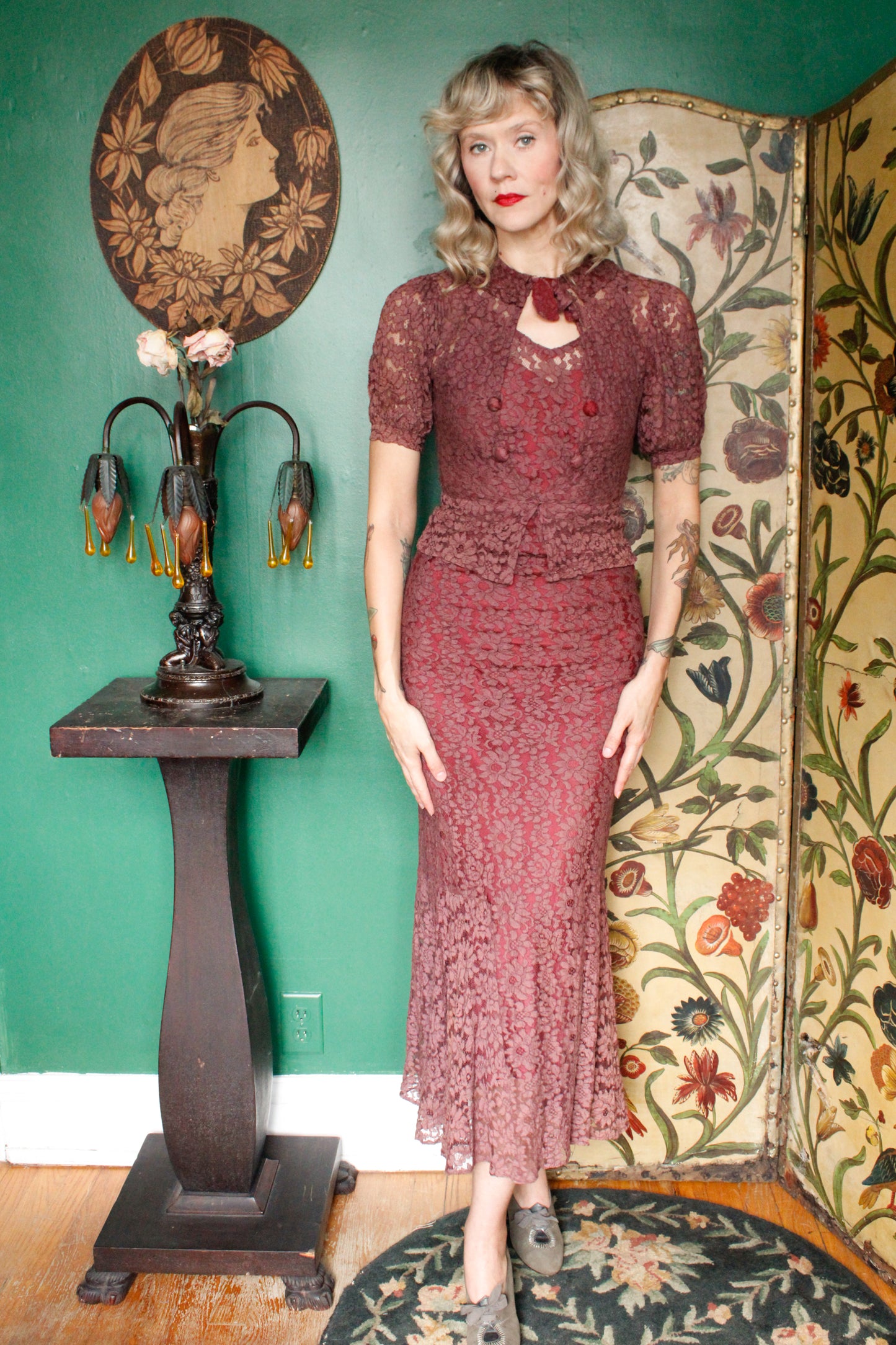 1930s Plum Floral Lace Gown and Jacket - Xs